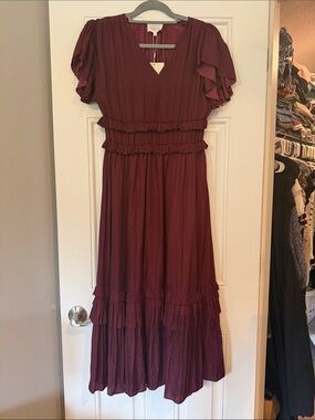 Bohme Wine Tiered Ruffle Midi Dress NWT Size S